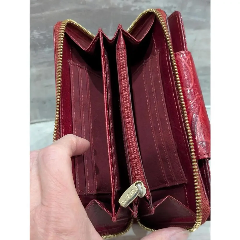 Valentina Red Embossed Leather Zip Wallet with Gold in Excellent Condition!